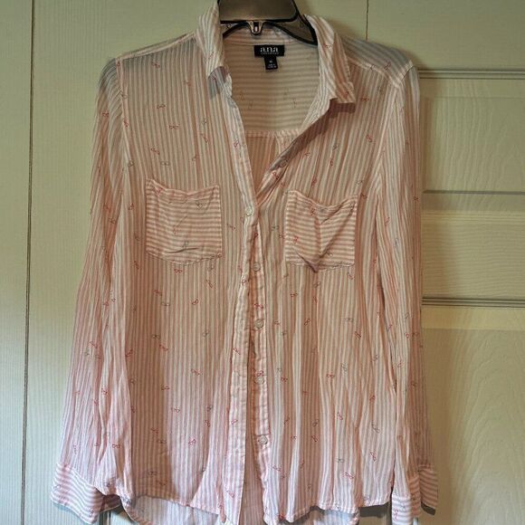 a.n.a Striped Button Down Lightweight Blouse Top Women’s Med Front Pockets.   B2 - Picture 1 of 4